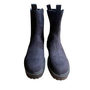 Woman’s Black Faux Suede Ankle Boots With Lug Sole & Side Zipper size 10